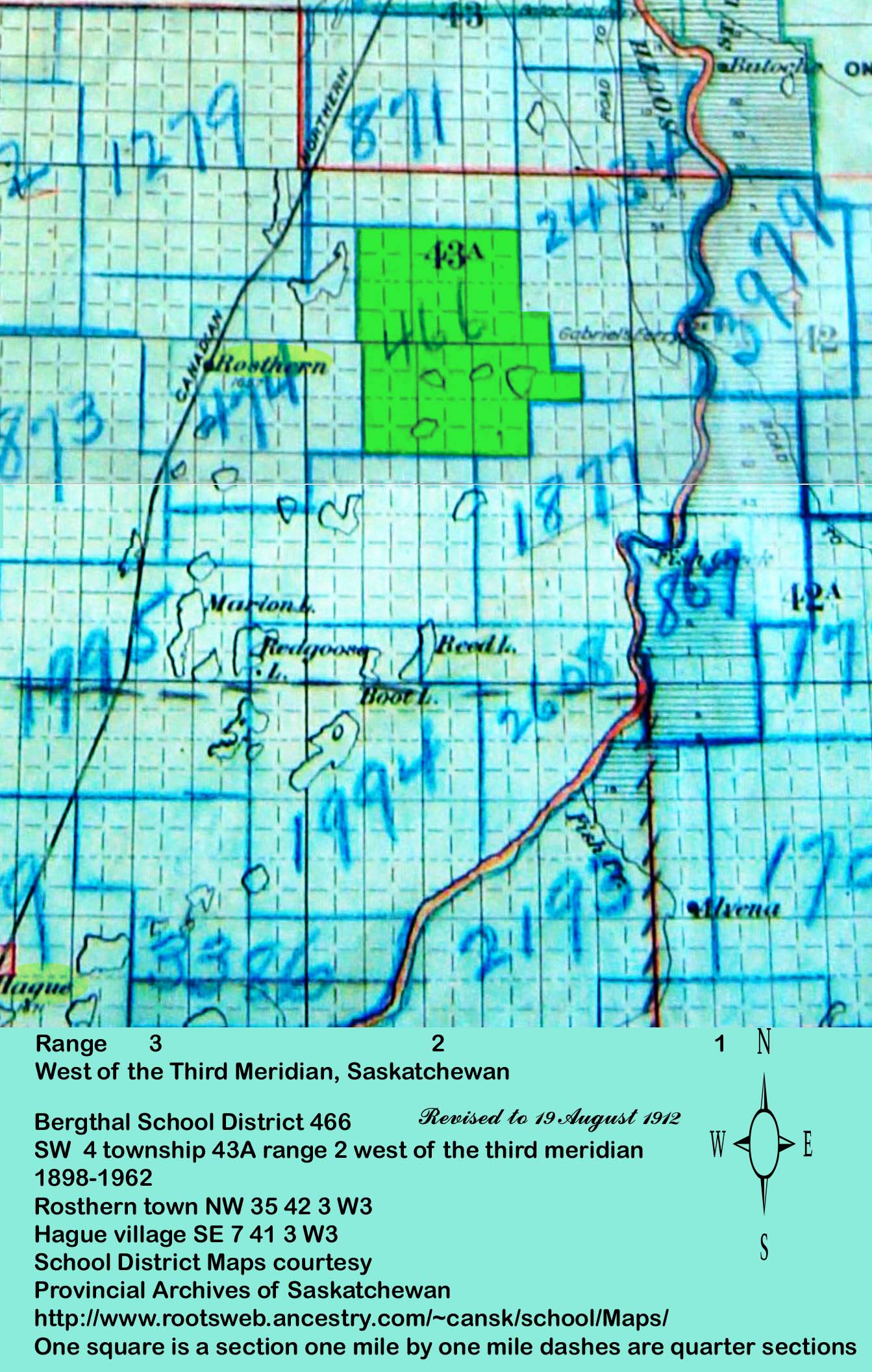 Bergthal School Map,Bergthal School District 466, SW quarter section 4 township 43A range 2 west of the third meridian, 1898-1962, Rosthern town NW 35 42 3 W3, Hague village SE 7 41 3 W3,  Bergthal School,  